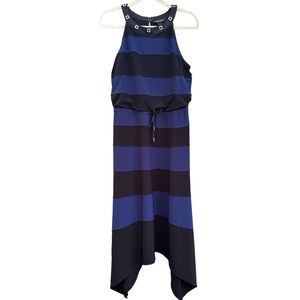 White House Black Market Blue Black Stripe Dress size M Embellished